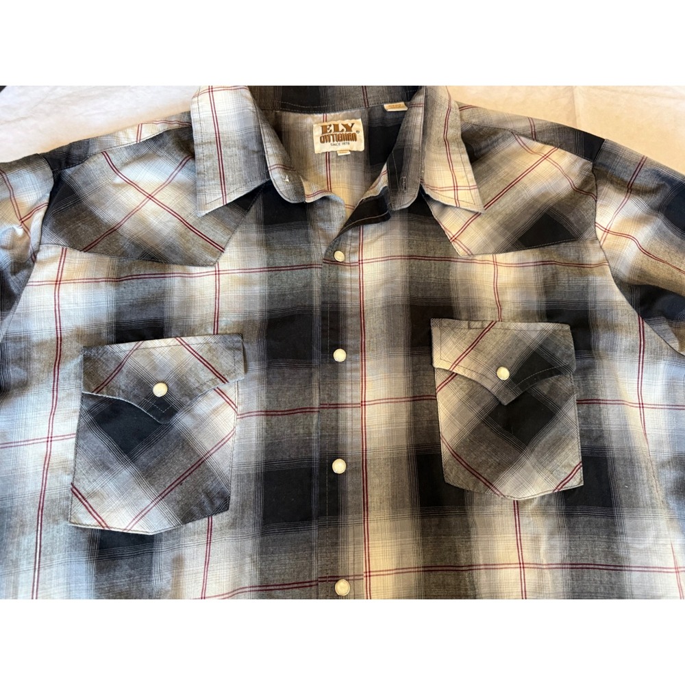 Ely Cattleman Mens Plaid Western Pearl Snap Shirt XL Black White Rodeo Ranch - Picture 3 of 7